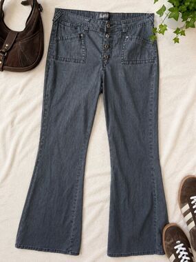 Y2K Angels Black Flare Jeans 34 Low Rise Button Fly Bootcut 2000s Grunge Goth